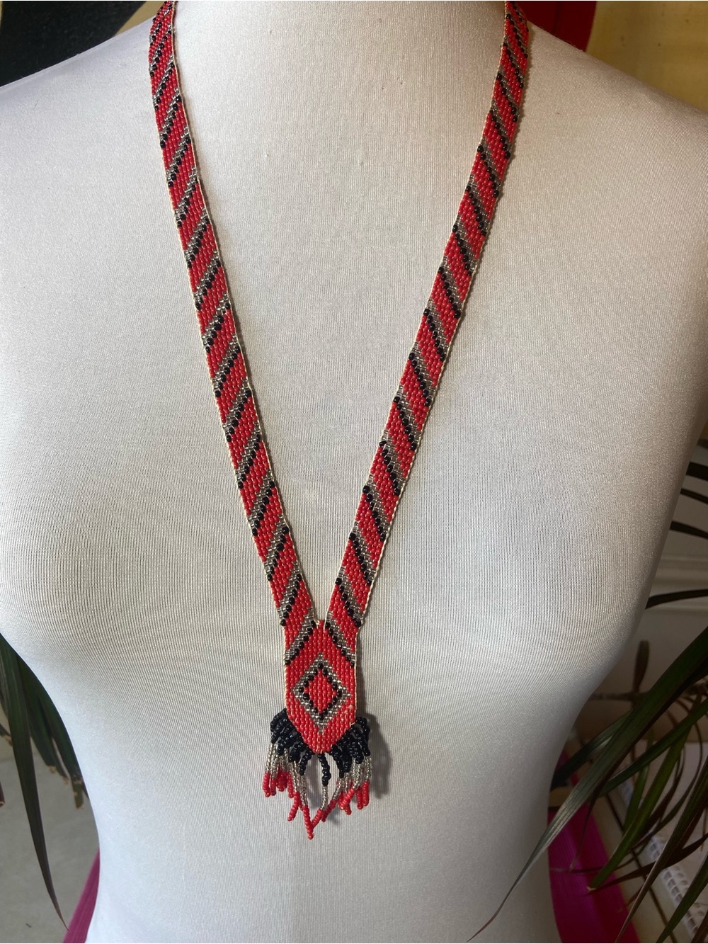 Vintage Native American Seed Bead Red and Black Beaded Fringe Lariat Necklace